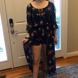 blue floral romper with train